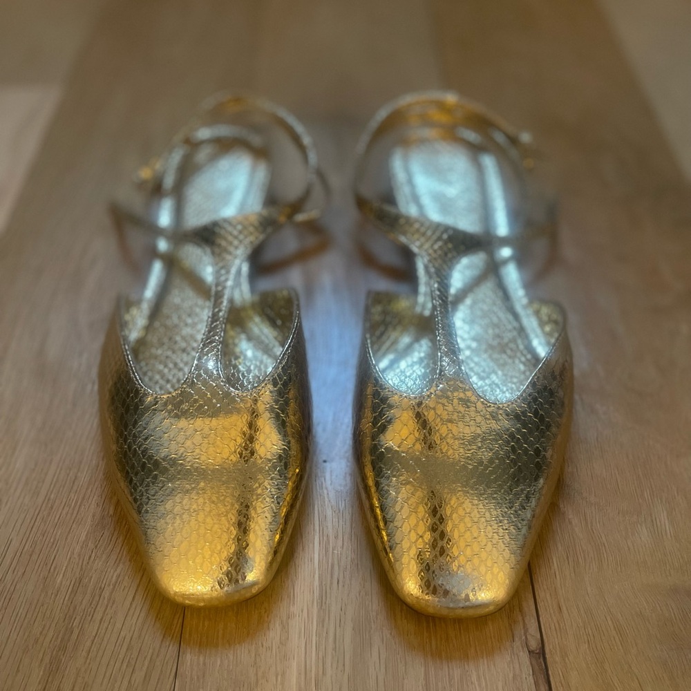 New Zara gold snakeskin Mary Jane flats